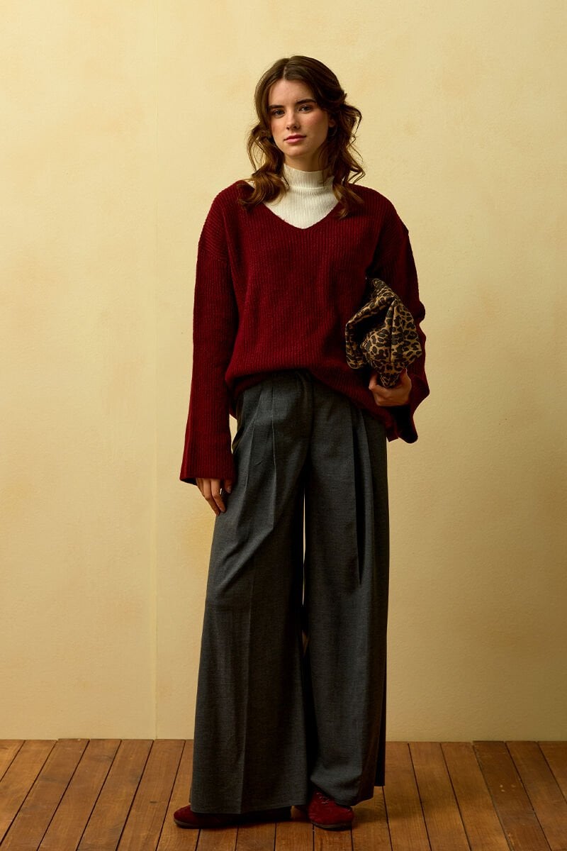 Bordo V Yaka Triko Kazak & Antrasit Pile Detay Palazzo Pantolon Takım