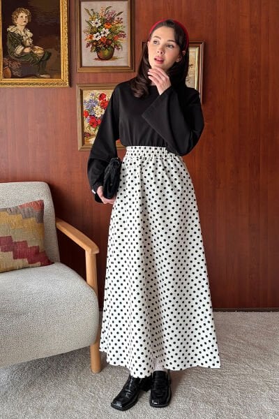 Siyah Body & Beyaz Siyah Puantiyeli Keten Kloş Etek Takım