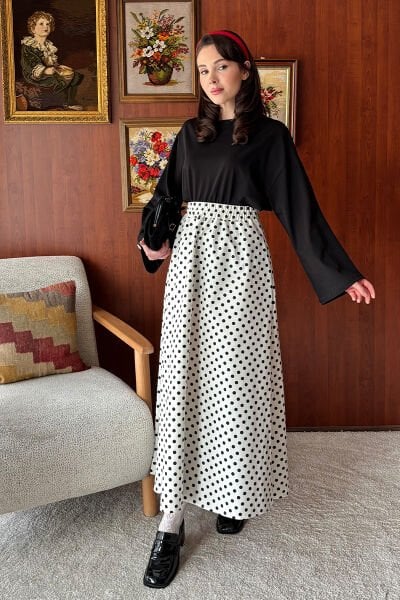 Siyah Body & Beyaz Siyah Puantiyeli Keten Kloş Etek Takım