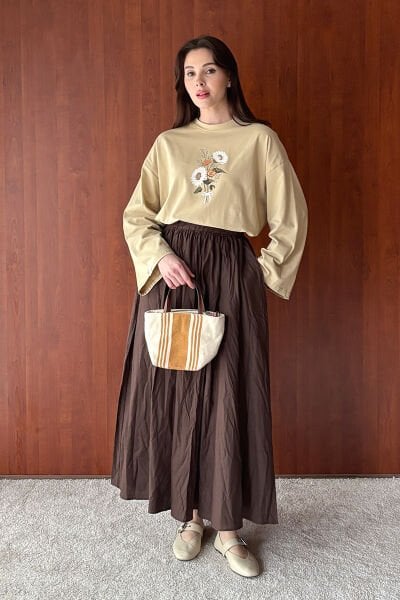 Bej Papatya Baskılı Basic Body & Krem Kraşlı Balon Etek Takım