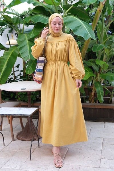 Hardal Organik Keten Büzgülü Elbise