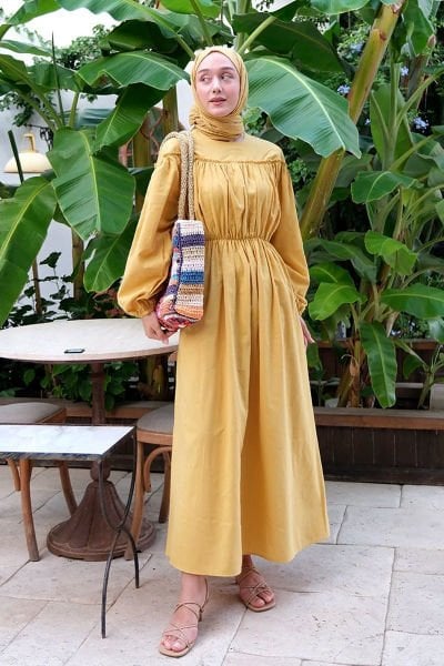 Hardal Organik Keten Büzgülü Elbise