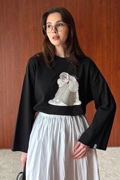 Siyah Kız Baskılı Basic Body & Beyaz Kraşlı Balon Etek Takım