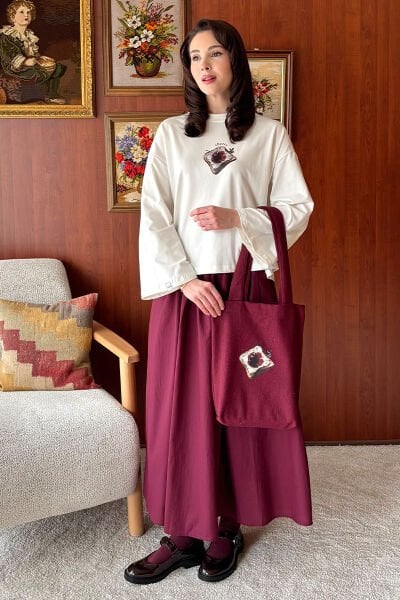 Ekru Reçel Baskılı Body & Bordo Balon Etek Takım