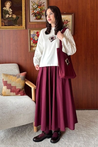 Ekru Reçel Baskılı Body & Bordo Balon Etek Takım