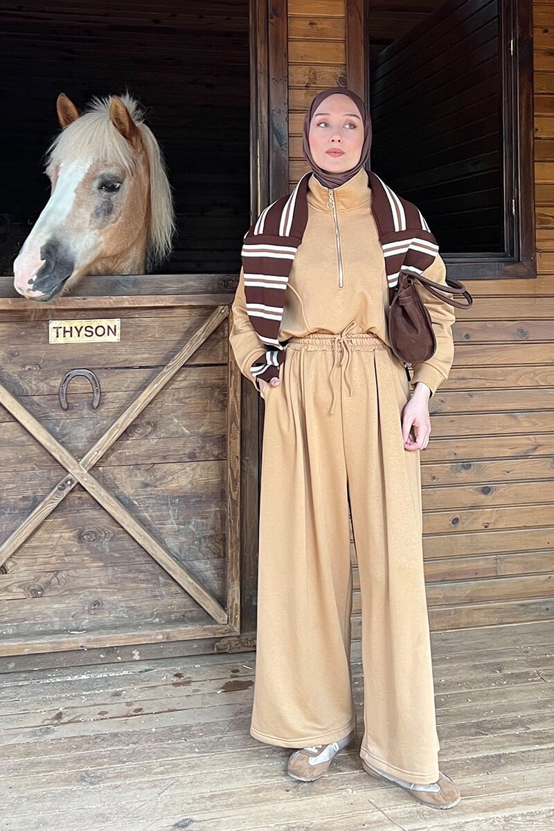 Bej 3 İplik Yarım Fermuarlı Eşofman Takım