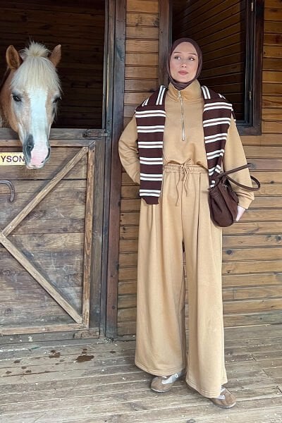 Bej 3 İplik Yarım Fermuarlı Eşofman Takım