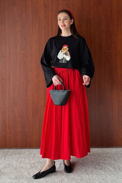 Siyah Çiçekli Kız Baskılı Basic Body & Kırmızı Kraşlı Balon Etek Takım