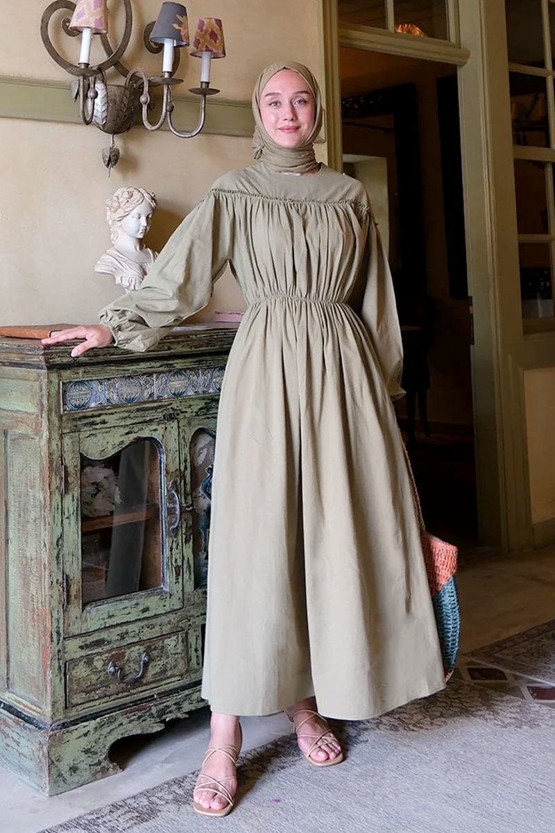 Haki Organik Keten Büzgülü Elbise