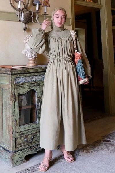 Haki Organik Keten Büzgülü Elbise