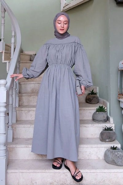 Gri Organik Keten Büzgülü Elbise