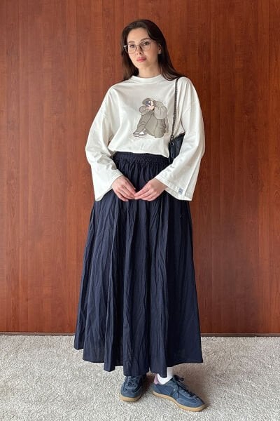 Ekru Kız Baskılı Basic Body & Lacivert Kraşlı Balon Etek Takım