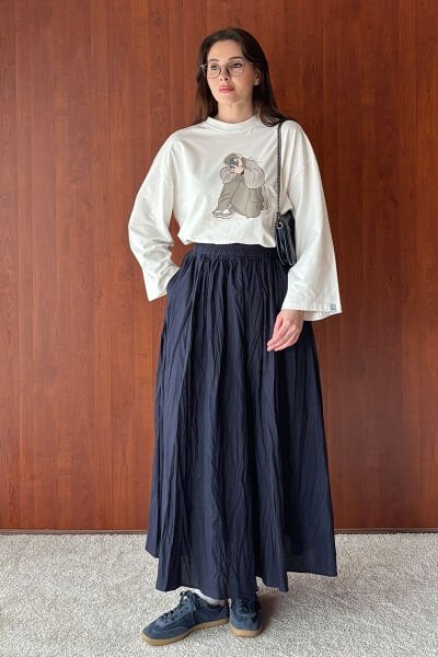 Ekru Kız Baskılı Basic Body & Lacivert Kraşlı Balon Etek Takım