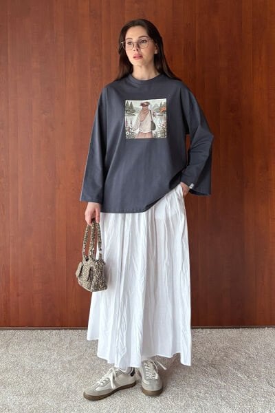 Antrasit Papatya Kız Baskılı Basic Body & Beyaz Kraşlı Balon Etek Takım