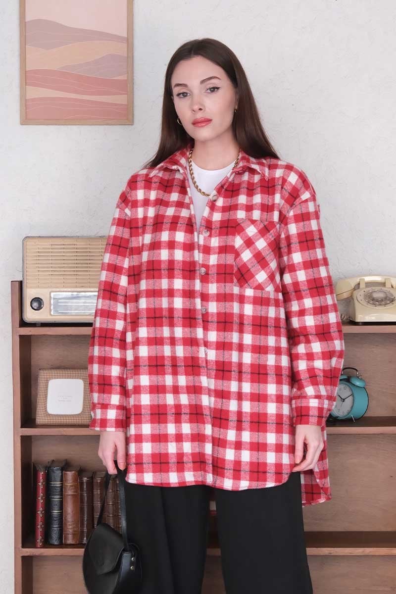 Kırmızı Pötikare Kaşe Kısa Gömlek
