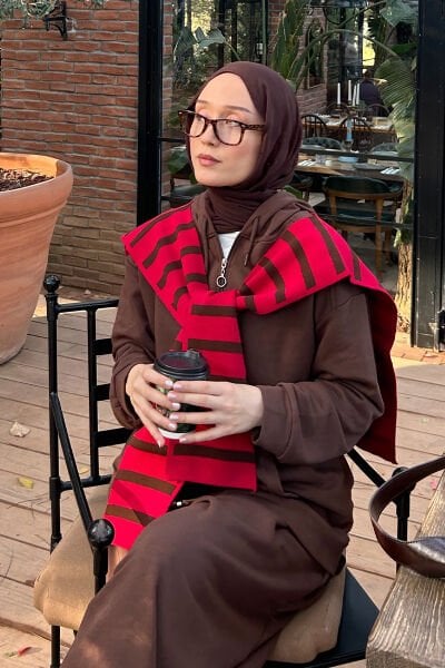 Kırmızı Kahverengi Çizgili Şal Atkı