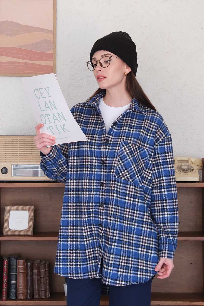 Mavi Ekose Kaşe Kısa Gömlek