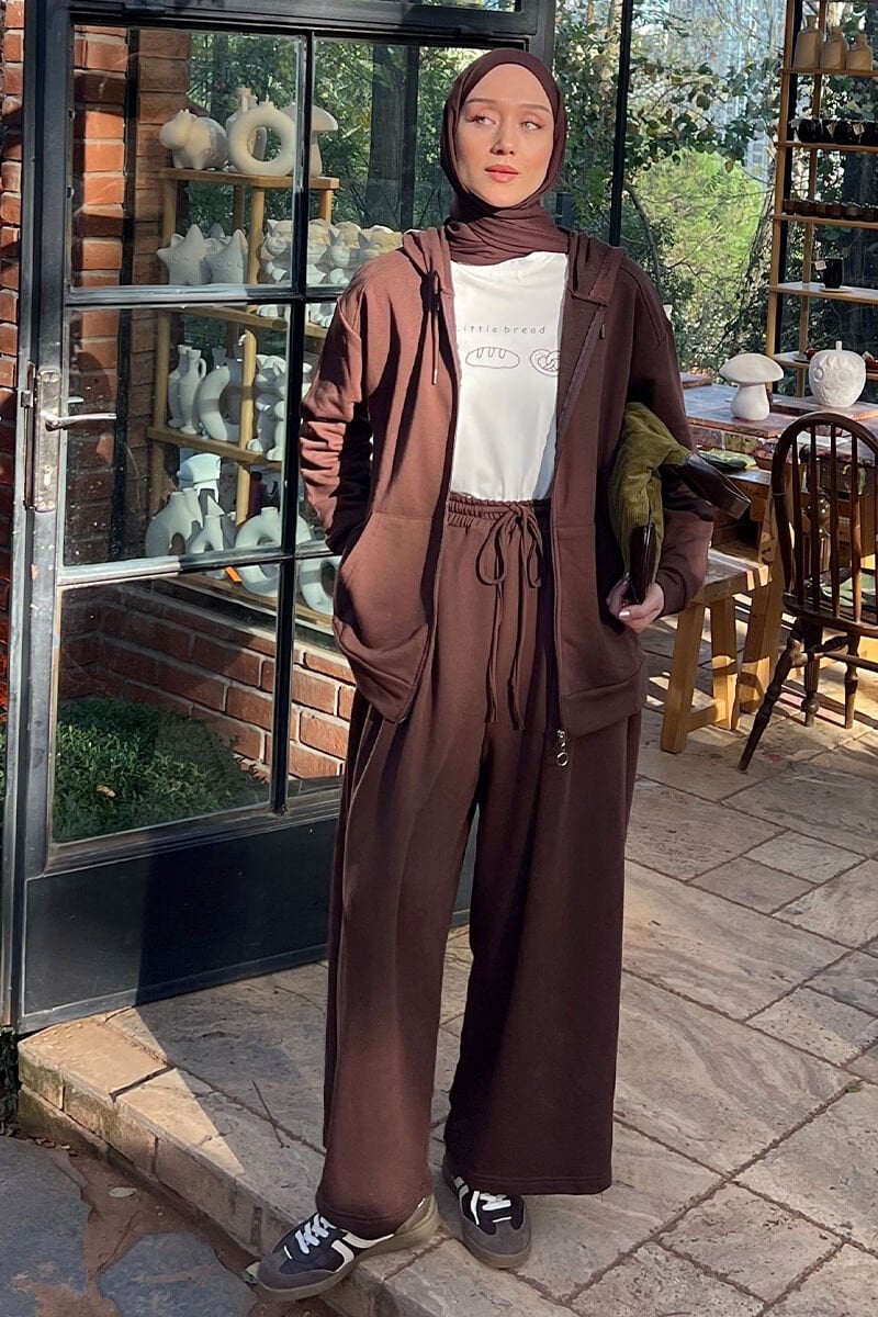 Acı Kahve 3 İplik Uzun Fermuarlı Eşofman Takım