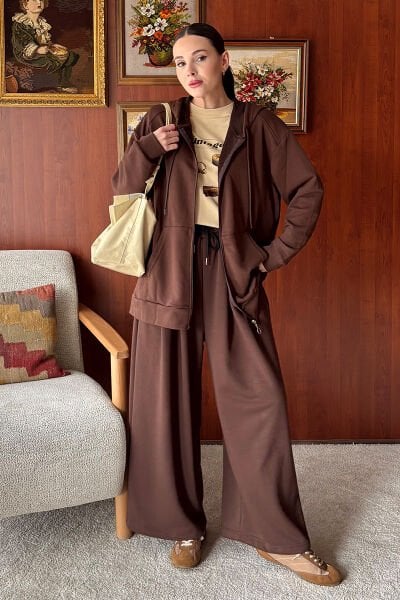 Acı Kahve 3 İplik Uzun Fermuarlı Eşofman Takım