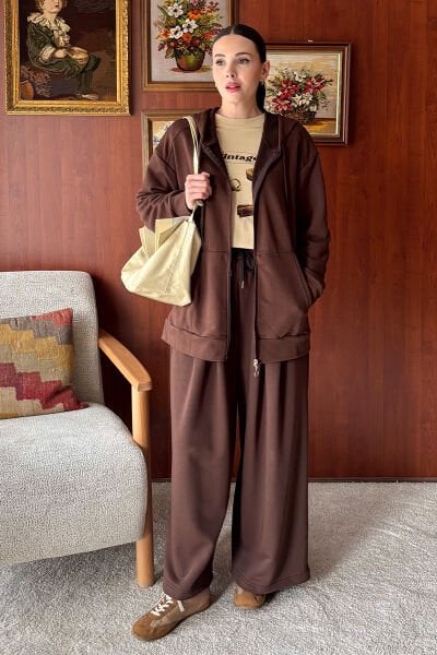 Acı Kahve 3 İplik Uzun Fermuarlı Eşofman Takım