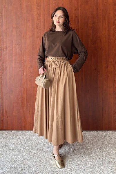 Acı Kahve Süprem Reglan Kol Body & Sütlü Kahve Kraşlı Balon Etek Takım