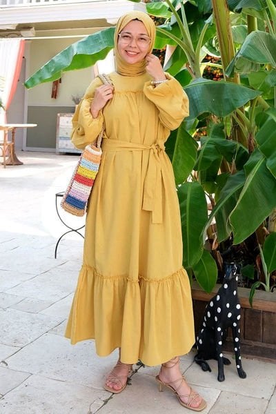 Hardal Organik Keten Eteği Fırfırlı Elbise