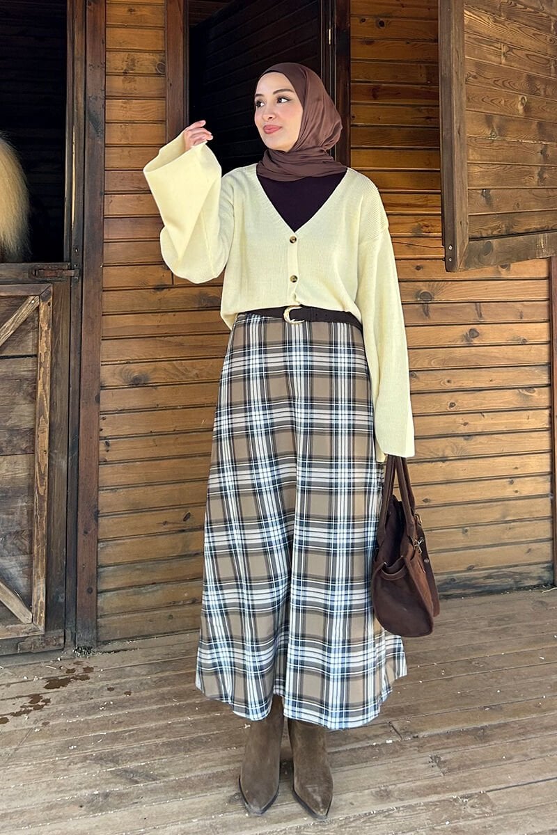 Soft Sarı İspanyol Kol Triko Hırka & Karamel Ekose Kloş Etek Takım