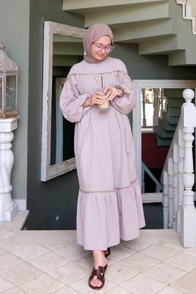 Gül Kurusu Organik Keten Eteği Fırfırlı Elbise