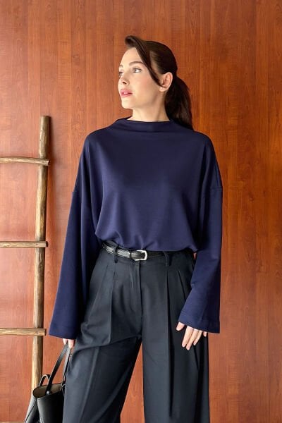 Lacivert Oysho Dik Yaka Bluz