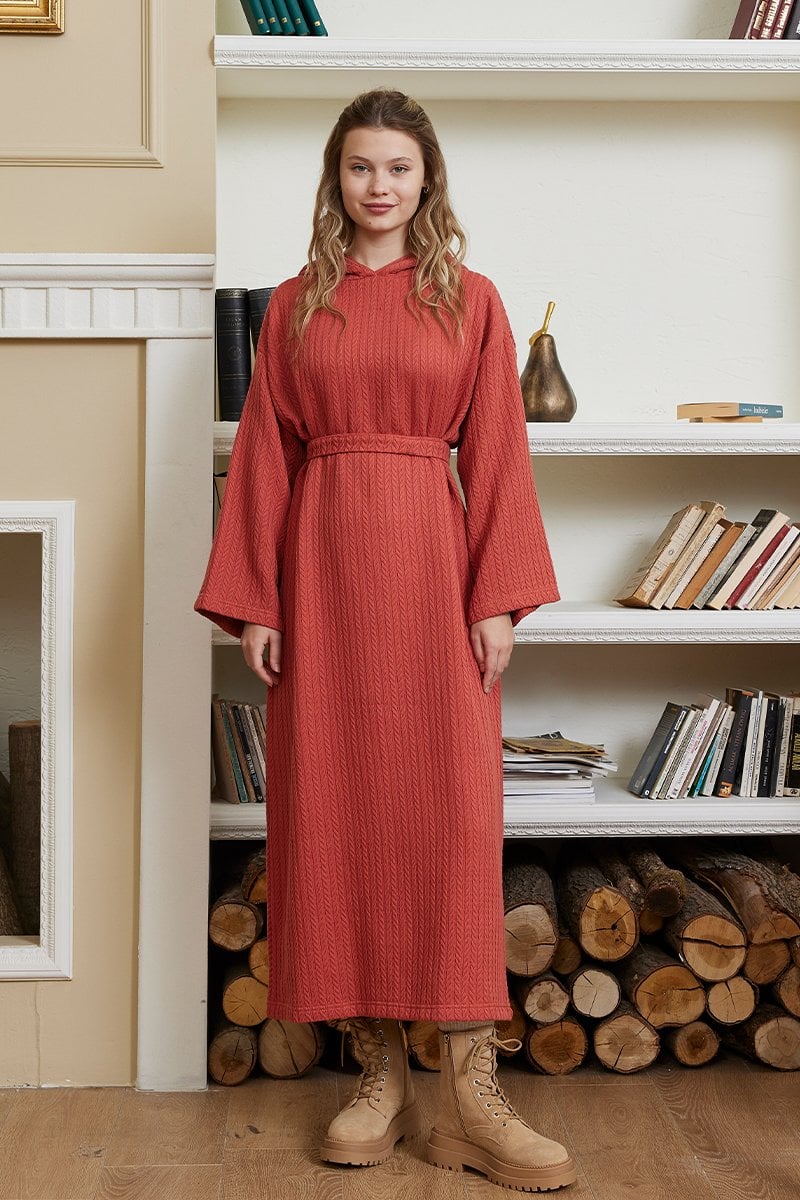 Kiremit Kuşaklı Triko Elbise