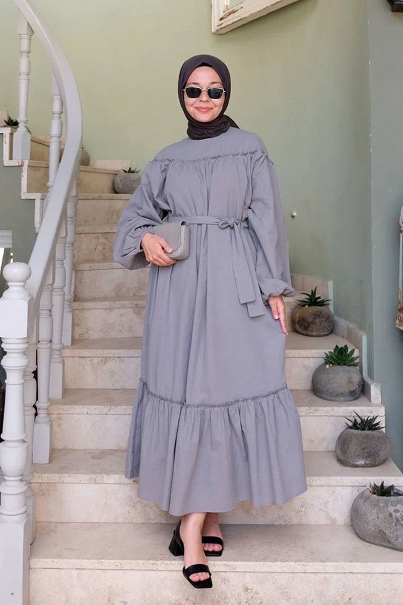 Gri Organik Keten Eteği Fırfırlı Elbise