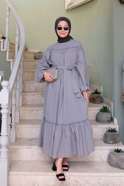 Gri Organik Keten Eteği Fırfırlı Elbise