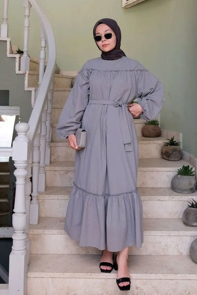 Gri Organik Keten Eteği Fırfırlı Elbise