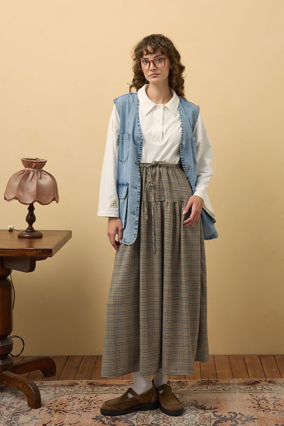 Buz Mavisi Kargo Cepli Kot Yelek & Kaz Ayağı Desen Etek Takım