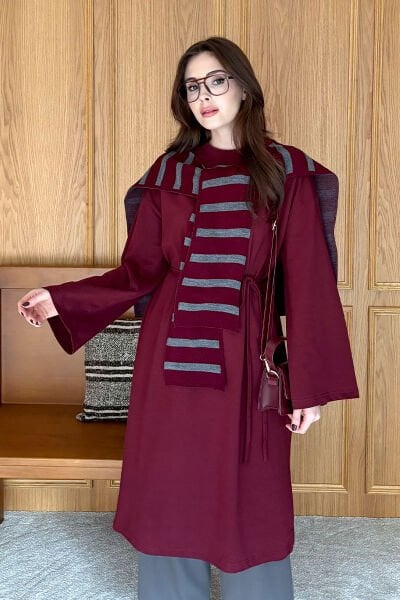 Bordo Çizgili Şal Atkı