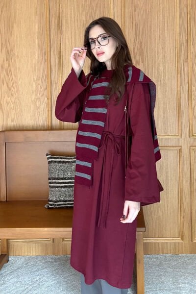 Bordo Çizgili Şal Atkı