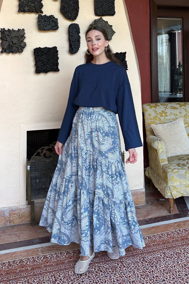 Mavi Etnik Desen Çapraz Kat Etek