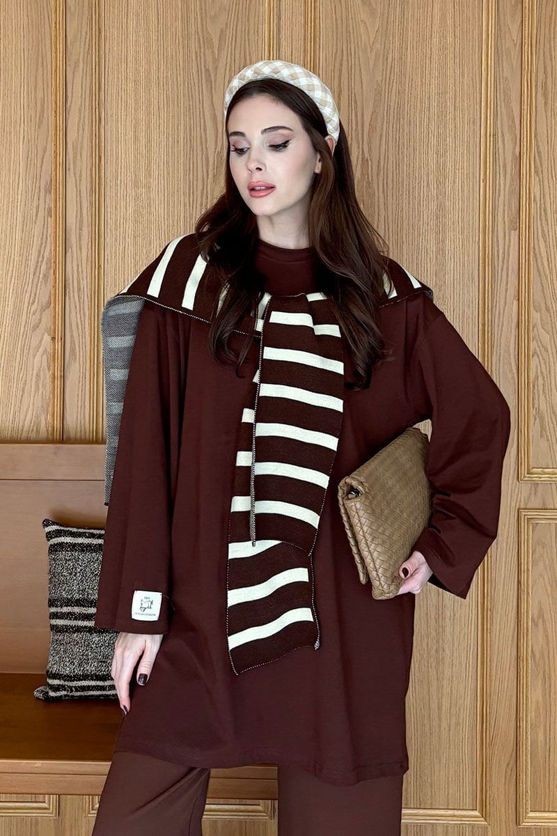 Acı Kahve Çizgili Şal Atkı