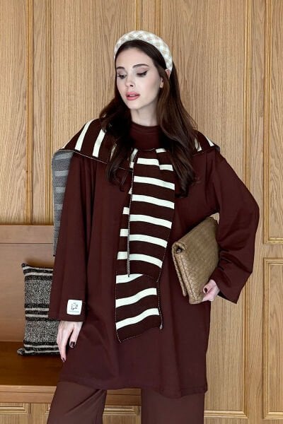 Acı Kahve Çizgili Şal Atkı