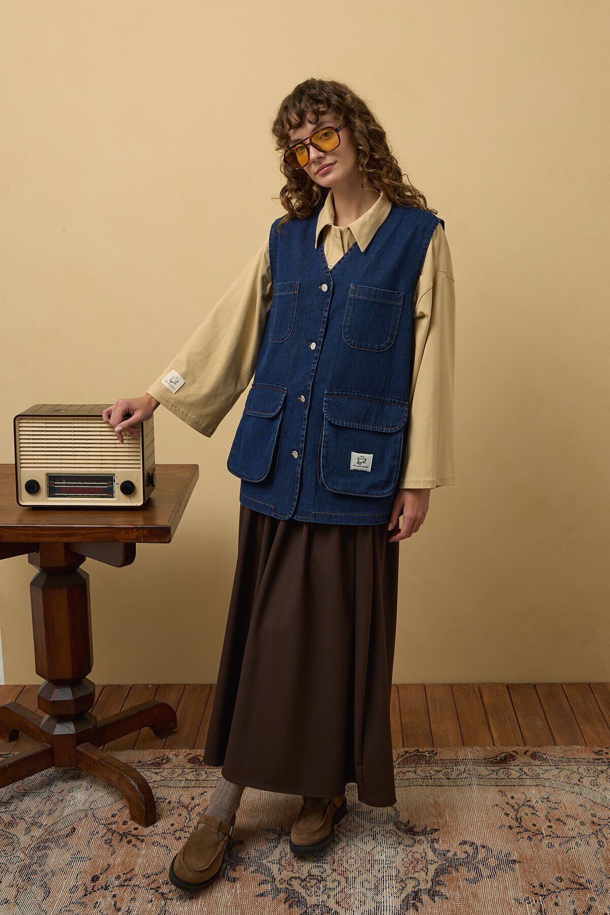 Kargo Cepli Kot Yelek & Acı Kahve Pile Detay Etek Takım