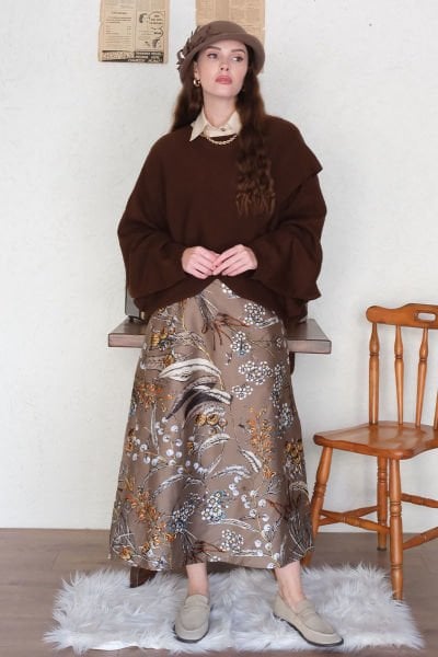 Kahverengi Desenli Pamuk Saten Kloş Etek