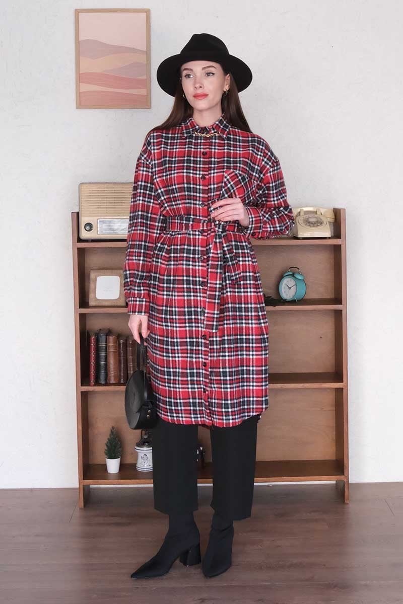 Bordo Ekose Kaşe Uzun Gömlek