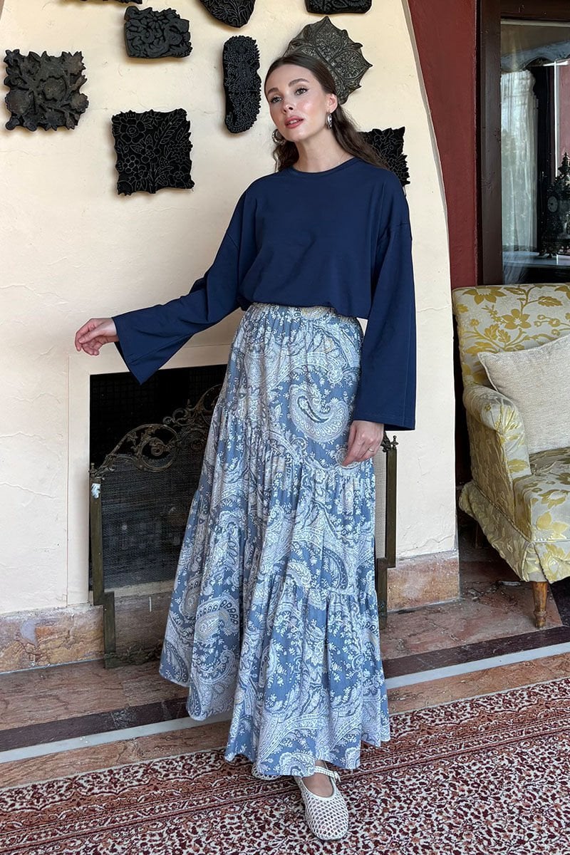 Lacivert Body & Mavi Etnik Desen Çapraz Kat Etek Takım