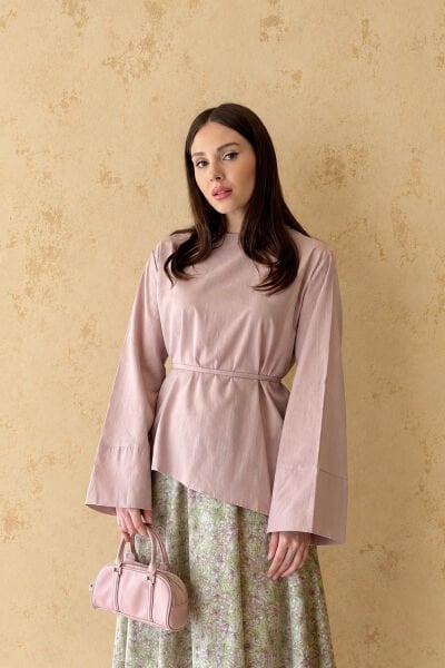 Soft Pembe Organik Keten Asimetrik Bluz