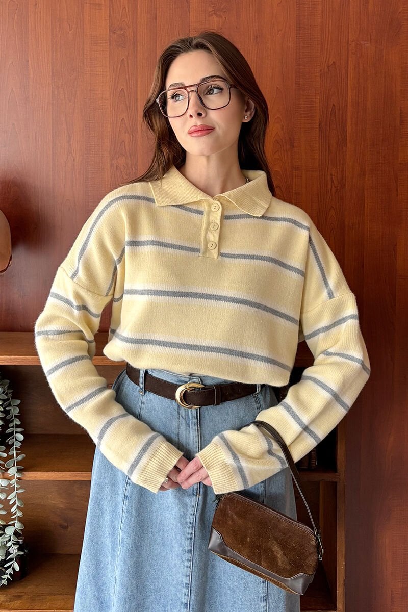 Tereyağ Sarısı Düğme Detay Triko Kazak