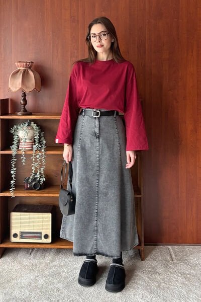 Bordo Body & Antrasit Kot Kloş Etek Takım