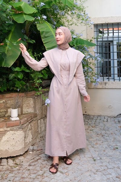 Gül Kurusu Organik Keten Yakalı Gömlek Elbise