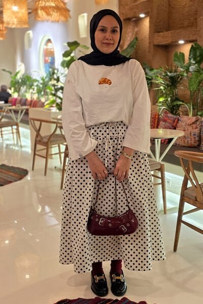 Beyaz Siyah Puantiyeli Fırfır Detay Keten Etek