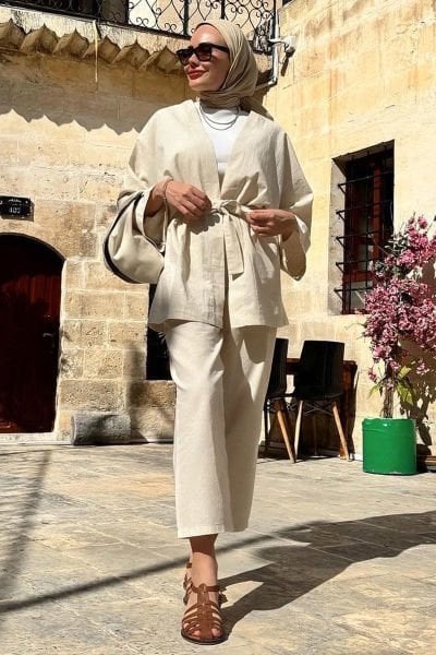 Organik Keten Kimono & Organik Keten Boru Paça Pantolon Takım