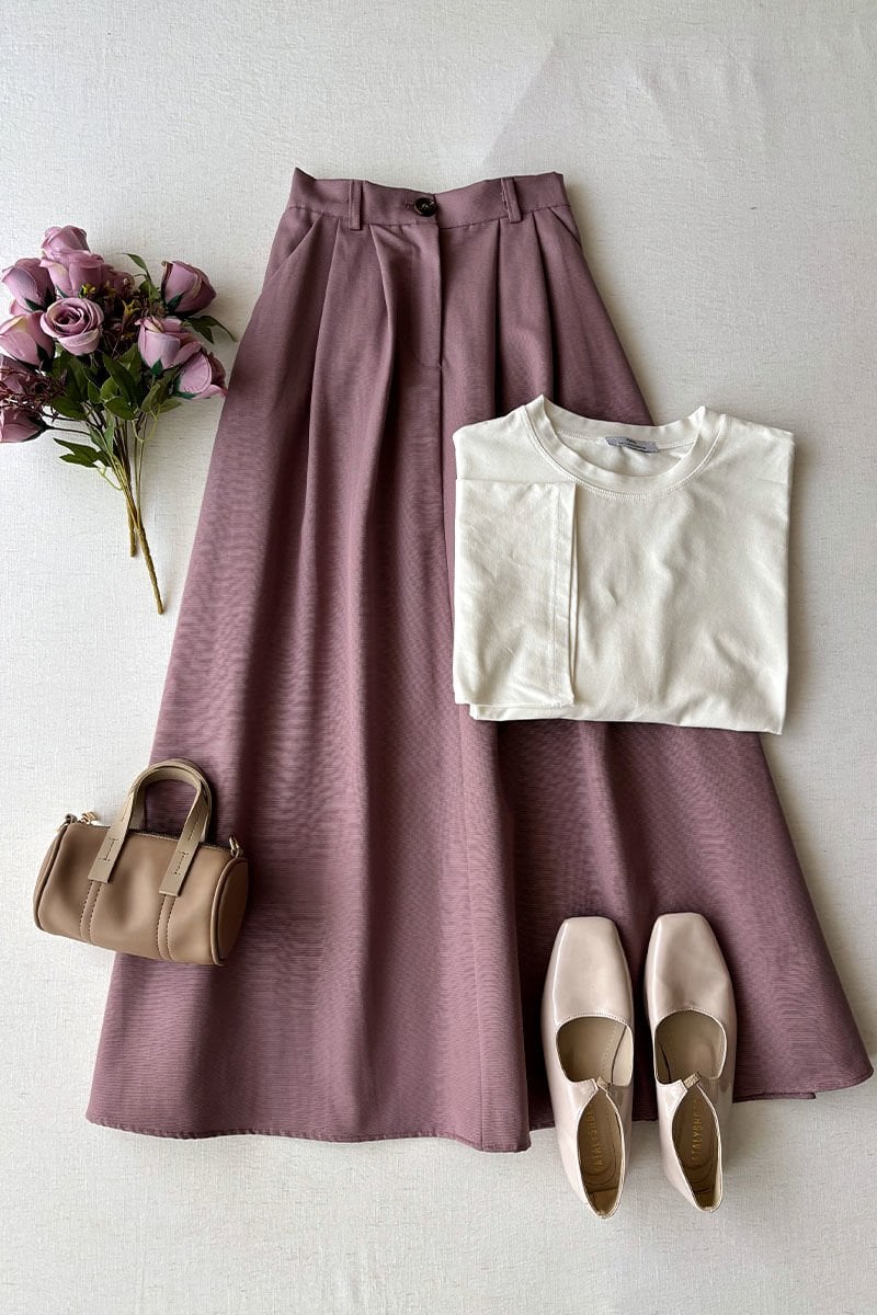 Soft Lila keten Tek Düğmeli Etek & Ekru Body Takım